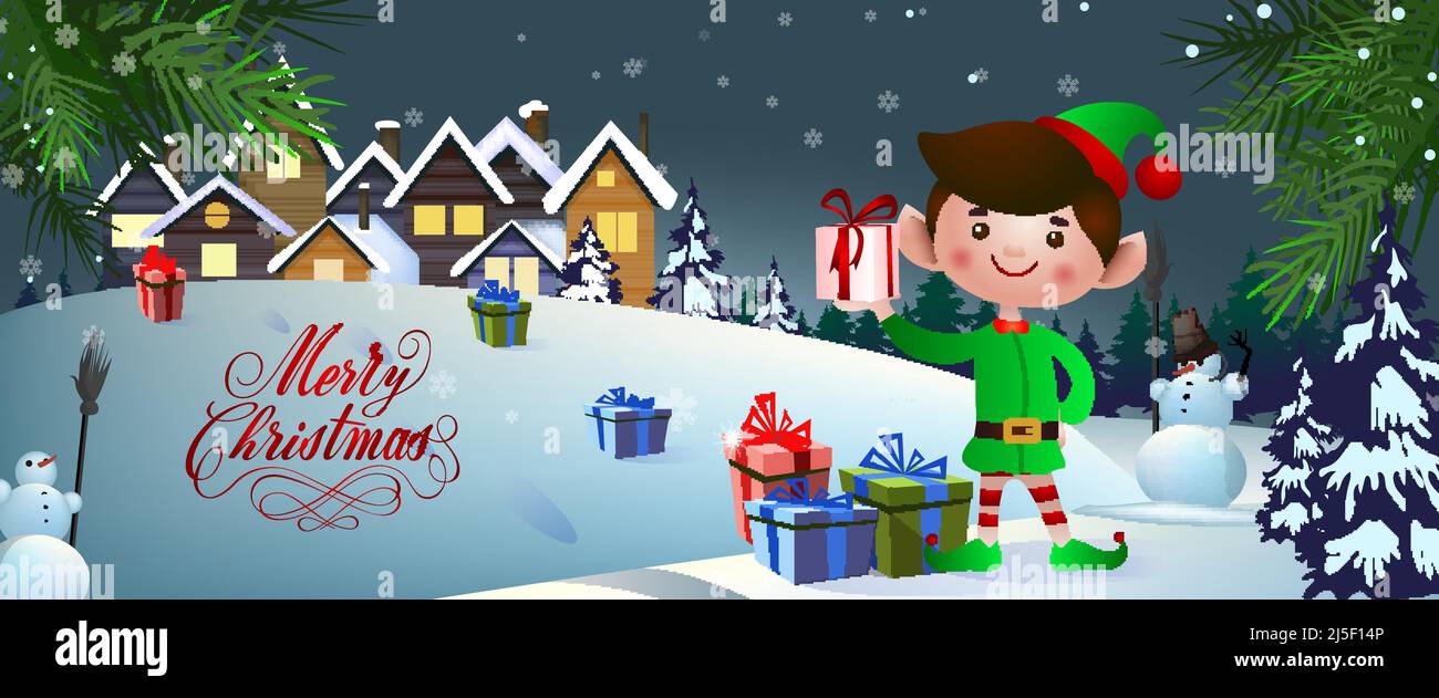 Christmas banner design. Joyful elf, gifts on snow, rural houses and snowmen with brooms in background. Illustration can be used for greeting cards, f Stock Vector
