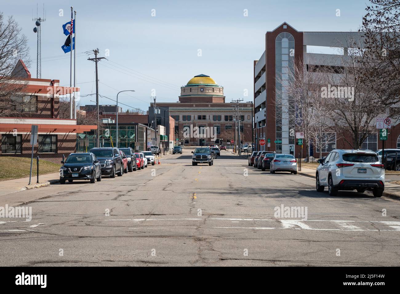 SAINT CLOUD, MINNESOTA - February 19, 2022: the Stearns County Courthouse is photographed from the opposite end of 1st Street N. Stock Photo