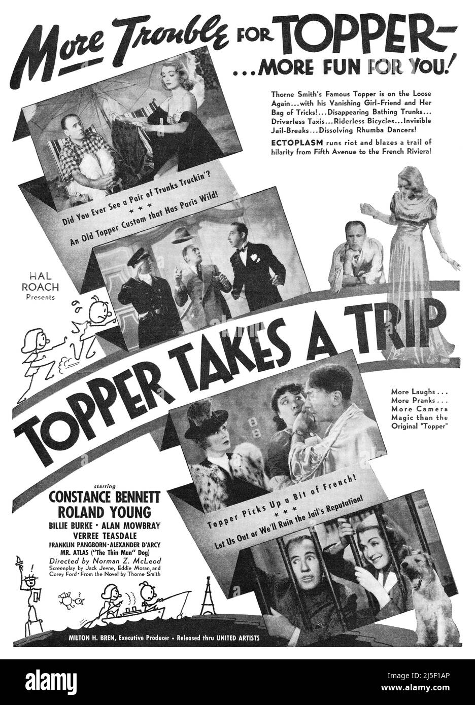 1939 U.S. advertisement for the movie Topper Takes A Trip starring Constance Bennett and Roland Young. Stock Photo