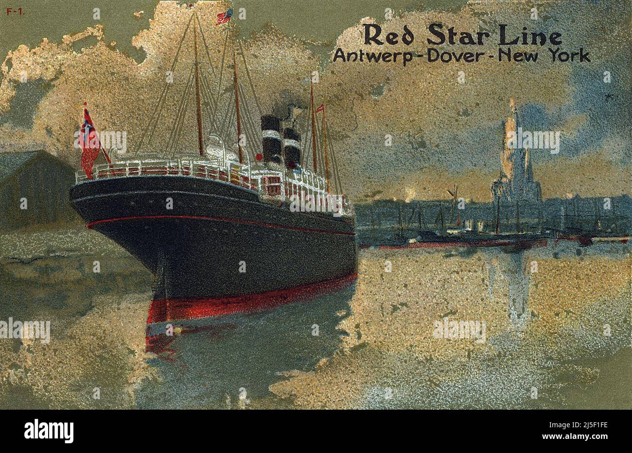 Vintage postcard promoting the Red Star Line shipping services between Antwerp, Dover and New York. Stock Photo
