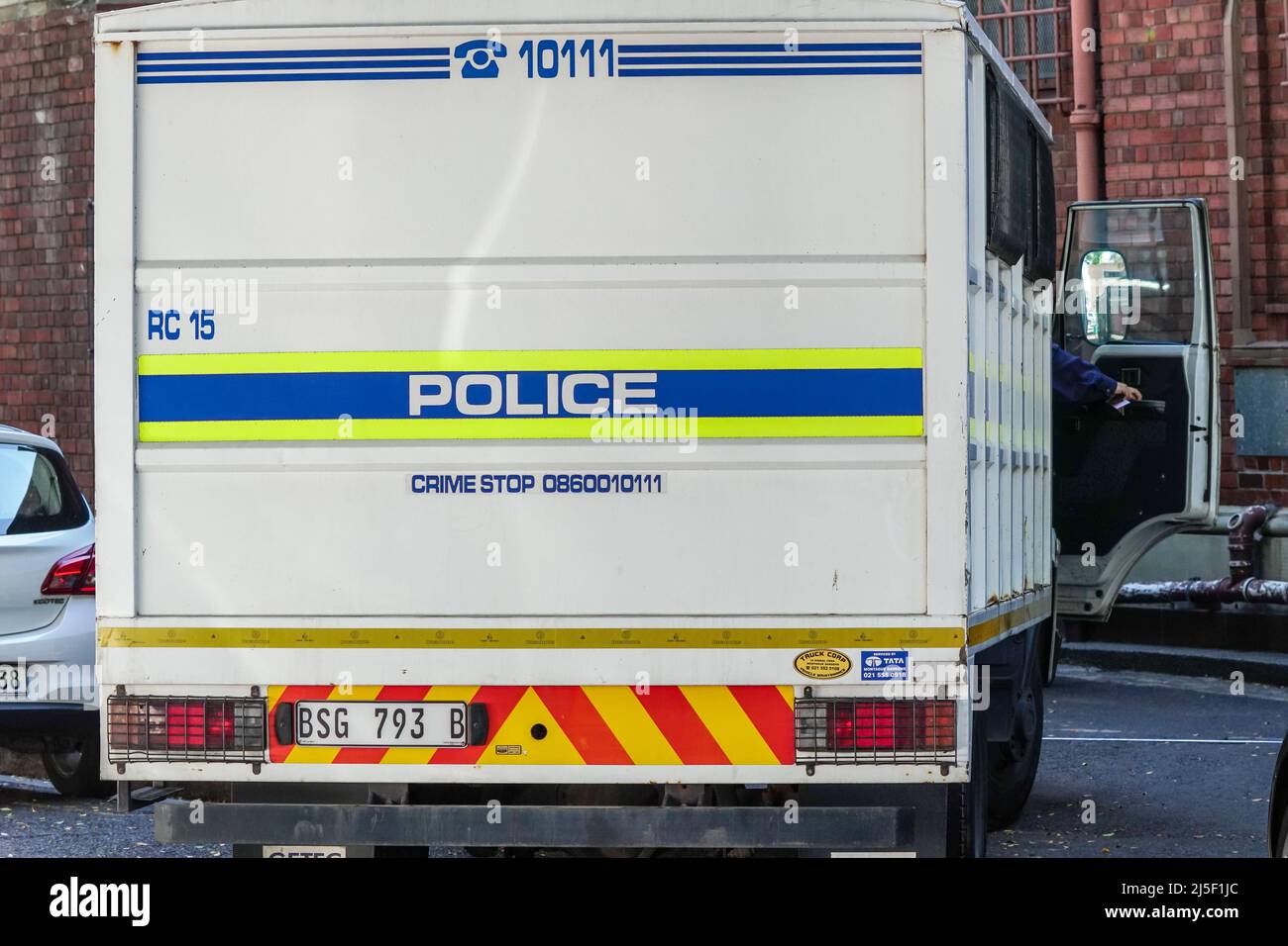 SAPS South African police service prison truck parked outside a court in the city concept public safety Stock Photo