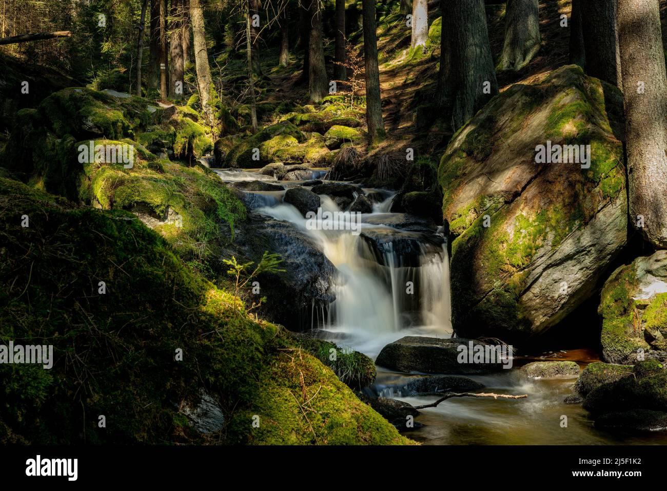 The only waterfall on the Czech side of the Bohemian Forest is very modest in height - only 1.5 metres. However, the flow of 350 litres is impressive. - Stock Image