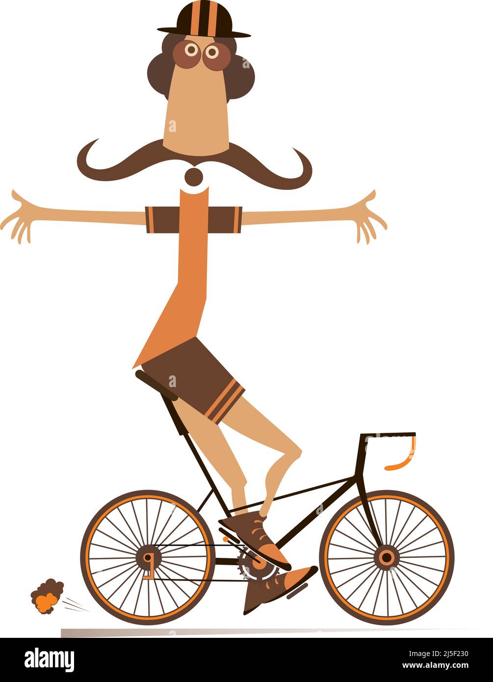 Cartoon man rides a bike isolated illustration. Smiling long mustache