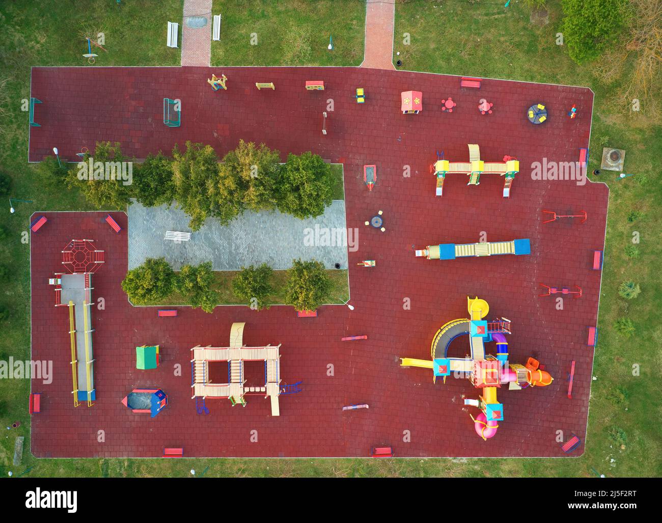 Aerial view of playgrounds in garden. Element of design. Stock Photo