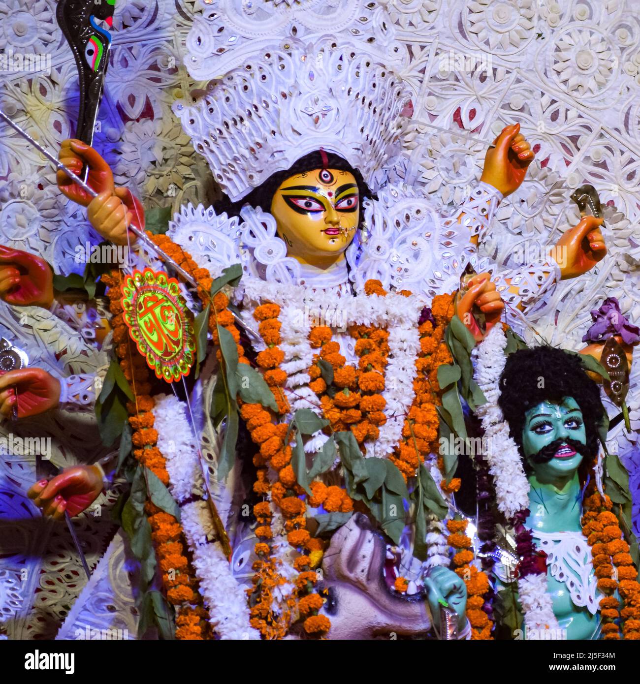 Goddess Durga with traditional look in close up view at a South Kolkata