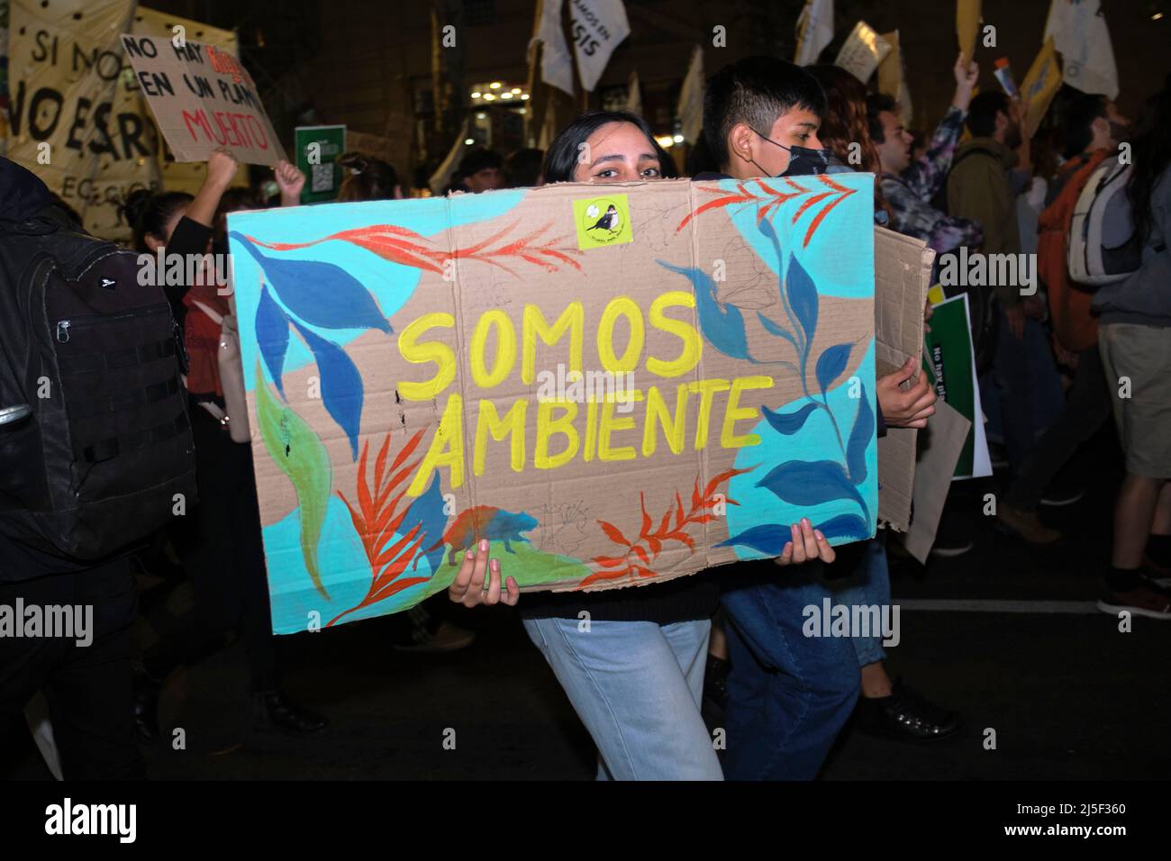 Buenos Aires, Argentina; April 22, 2022: Environmental activism during the Earth Day demonstration; woman marching holding a poster with the message W Stock Photo