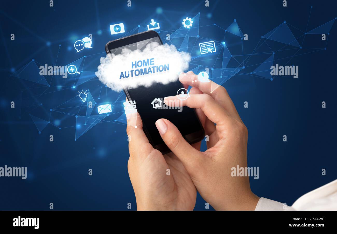 Hand using smartphone with cloud technology concept Stock Photo - Alamy
