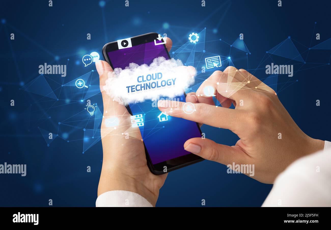 Hand using smartphone with cloud technology concept Stock Photo - Alamy
