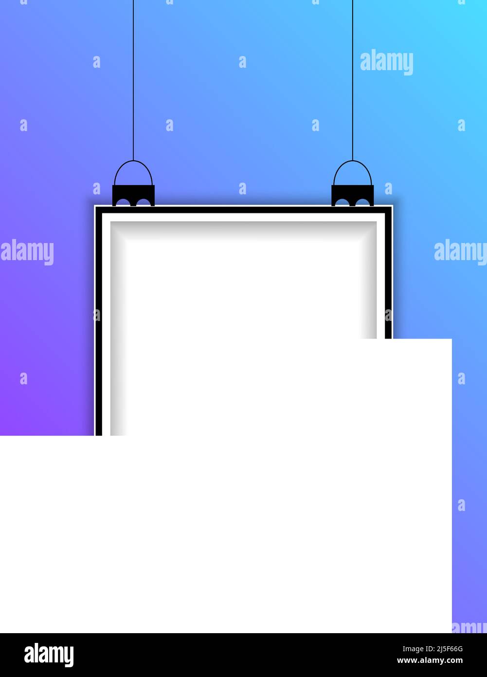 Realistic vertical hanging picture frame isolated on blue background. Blank hanging frame template. Empty hanging photo frame mockup. Stock Vector