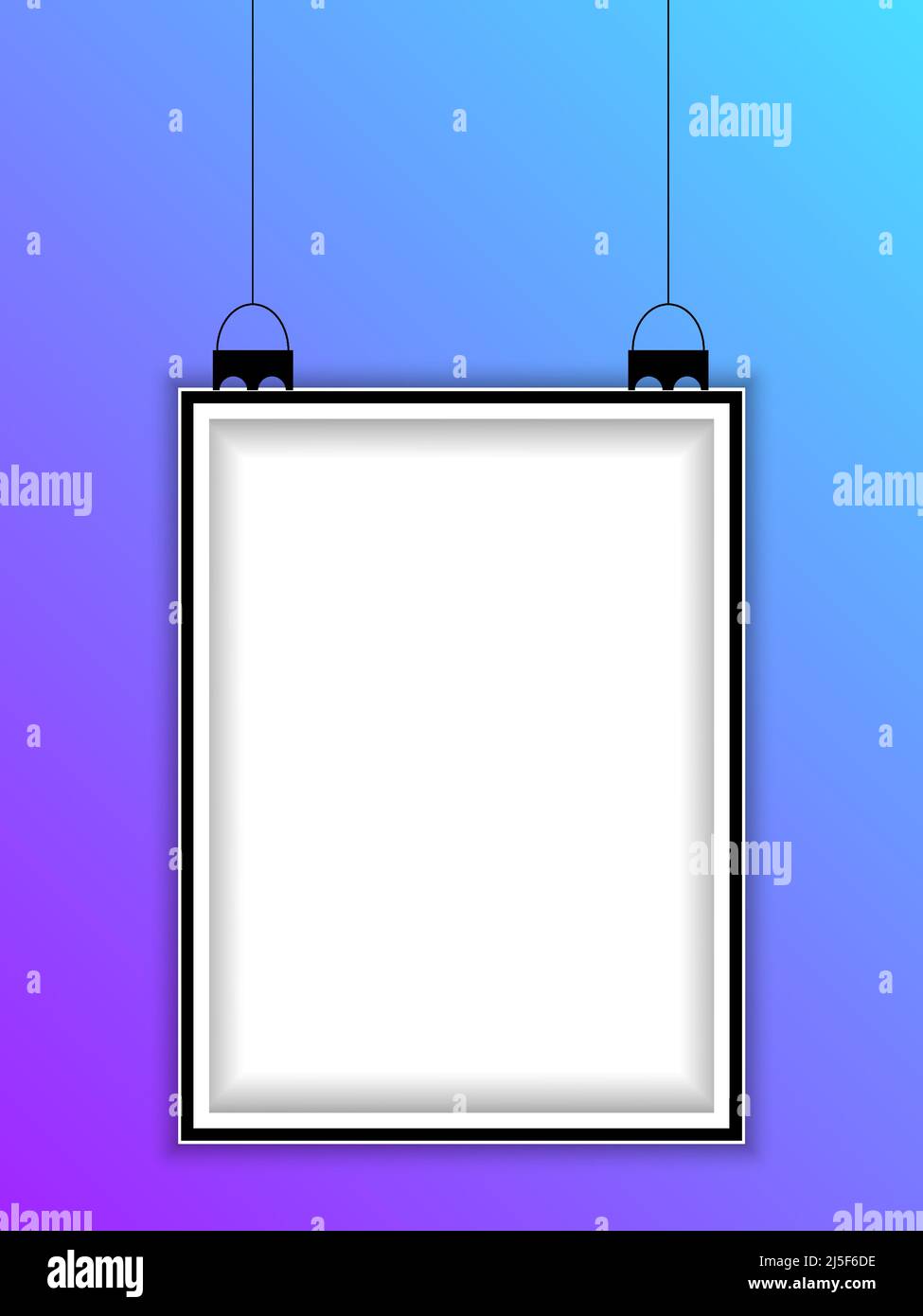 Realistic vertical hanging picture frame isolated on blue background