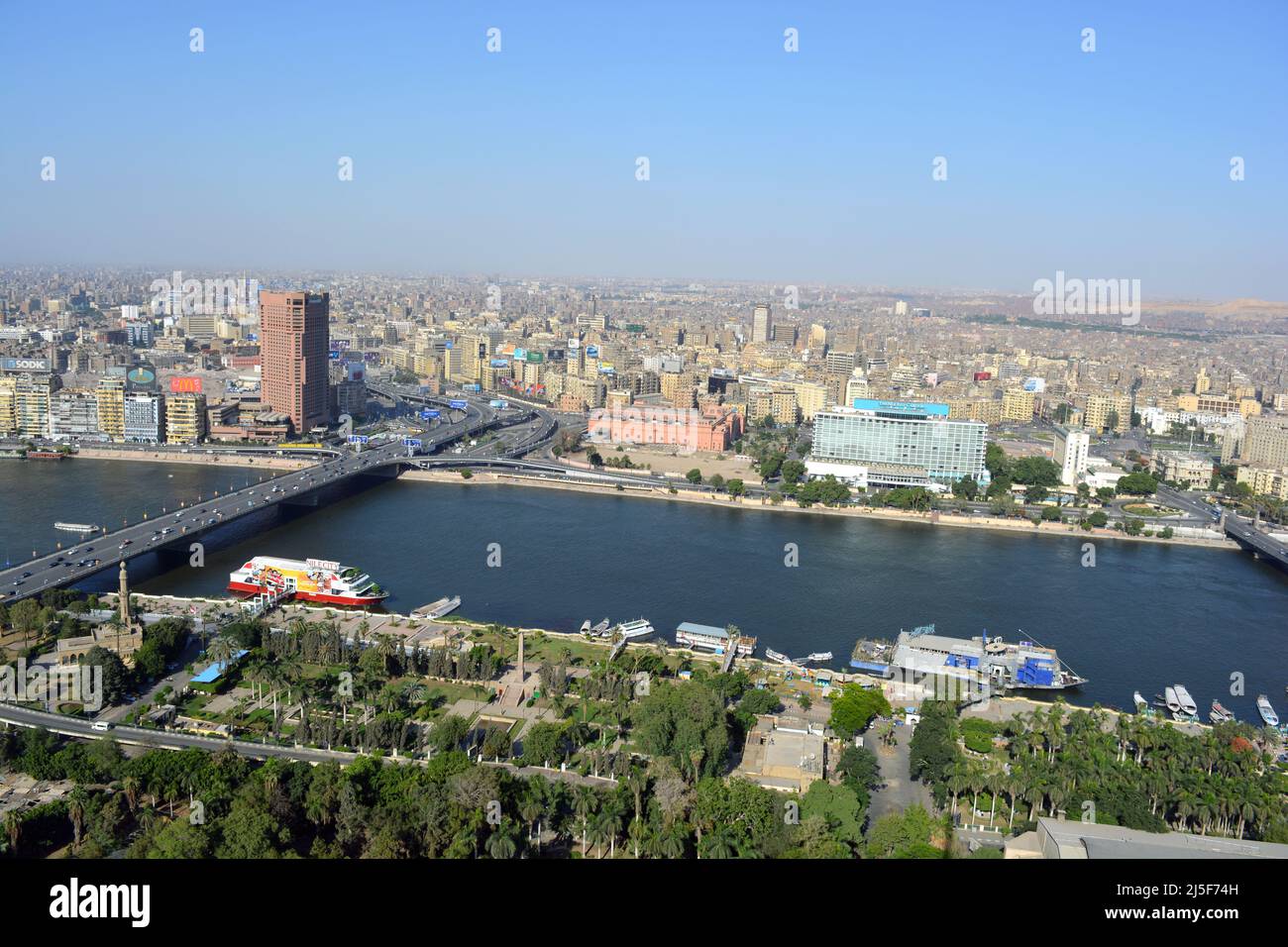 Cairo, Egypt, May 18 2018: Aerial view of Cairo city, Panoramic view and the skyline of the city with the river Nile, skyscrapers, modern buildings an Stock Photo