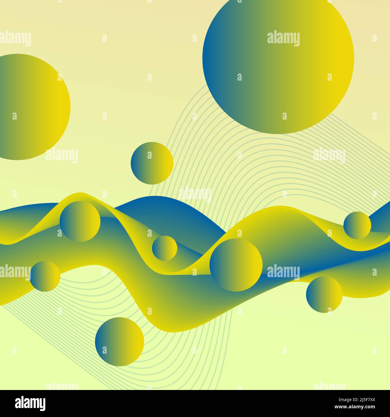 Green-yellow, blue liquid 3D pattern. Futuristic wave and flying spheres. Abstract colored fluid background. Transformation concept. Creative design Stock Photo