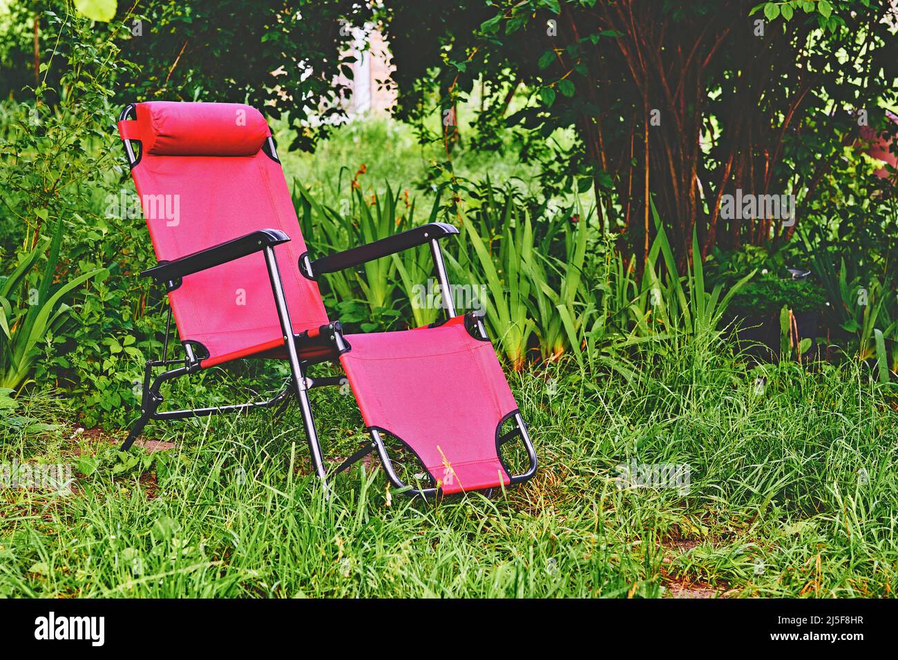 Red chaise lounge chair on summer green meadow Stock Photo Alamy