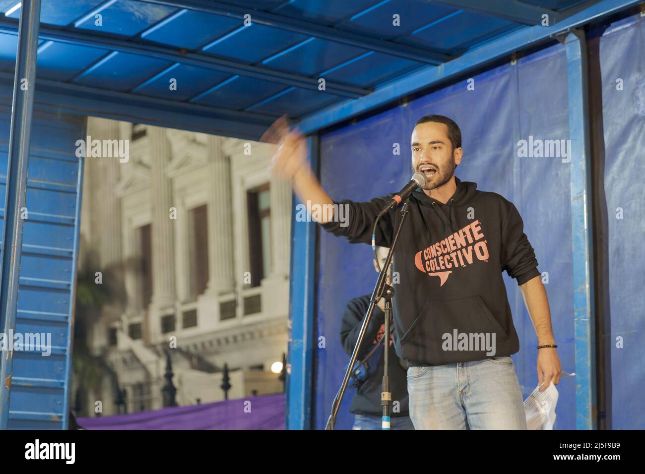 Buenos Aires, Argentina. 22nd Apr, 2022. The representative of the Collective Consciousness addresses the demonstrators at the end of the march on Earth Day. (Photo by Esteban Osorio/Pacific Press) Credit: Pacific Press Media Production Corp./Alamy Live News Stock Photo