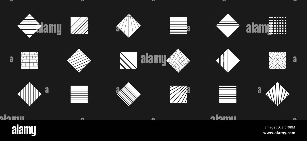 Set of retrowave design elements. Square and rhombus shapes with stripes and perspective grids. Dotted square shape. Pack of retrowave 1980s style Stock Vector
