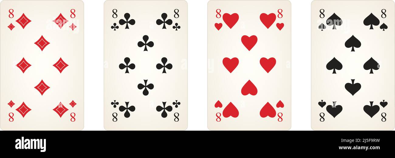 Play Card Symbol vector set with Number eight in diamonds, spades, clubs and Heart. White isolated background. Stock Vector