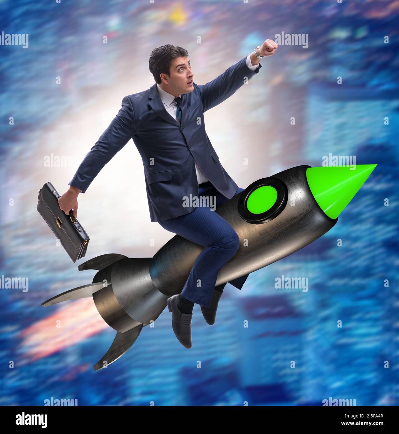 The male businessman flying on rocket in business concept Stock Photo ...