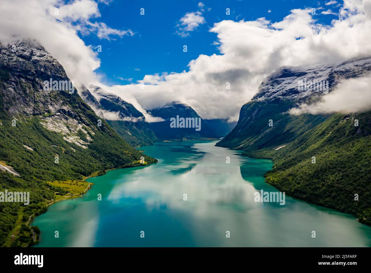 Beautiful Nature Norway natural landscape. lovatnet lake Lodal valley. Stock Photo