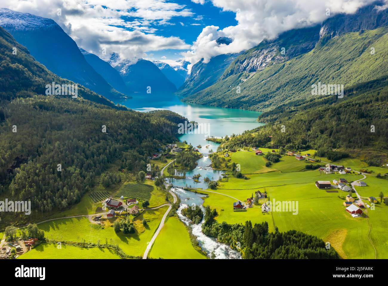 Beautiful Nature Norway natural landscape. lovatnet lake Lodal valley. Stock Photo