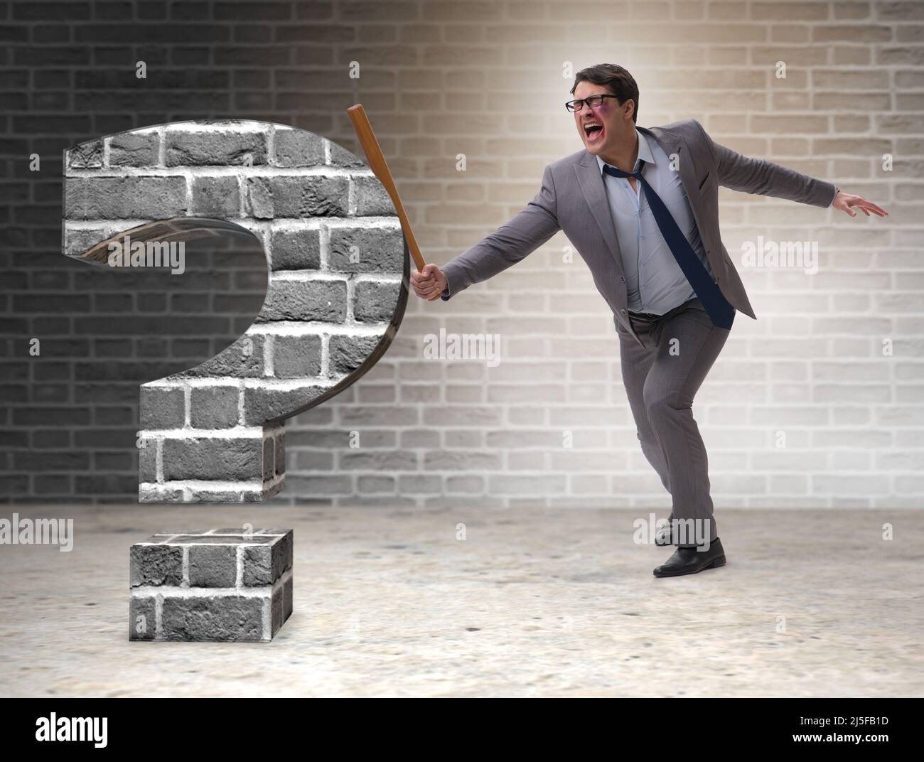 The angry man with baseball bat hitting question mark Stock Photo Alamy