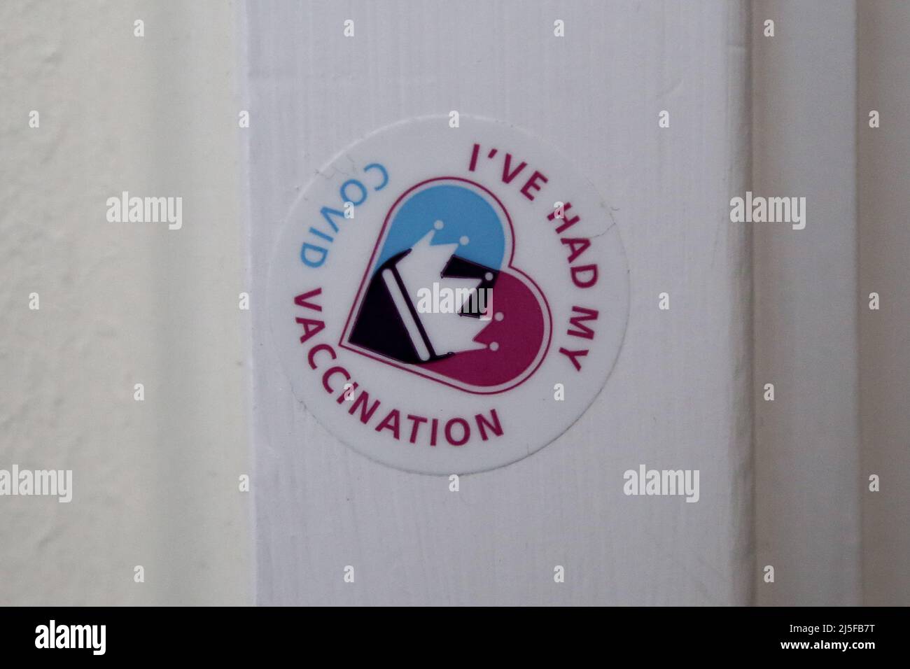 London, UK 22 Apr 2022 - 'I've had my COVID vaccination' sticker at a vaccination centre. Credit Dinendra Haria /Alamy Live News Stock Photo