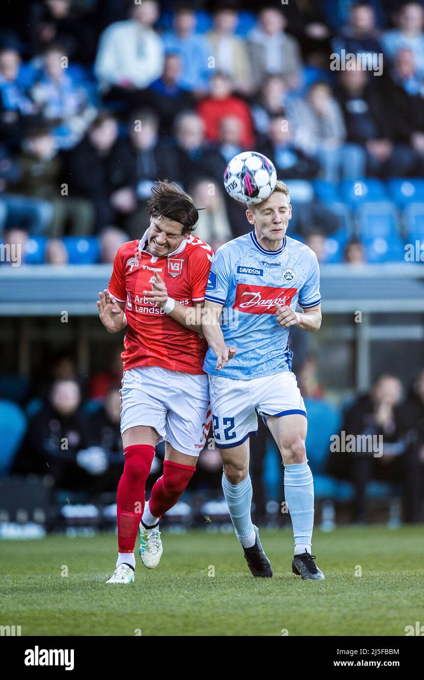 Haderslev, Denmark. 22nd Apr, 2022. Miiko Albornoz (3) of Vejle Boldklub and Emil Frederiksen (22) of Soenderjyske seen during the 3F Superliga match between Soenderjyske and Vejle Boldklub at Sydbank Park in Haderslev. (Photo Credit: Gonzales Photo/Alamy Live News Stock Photo