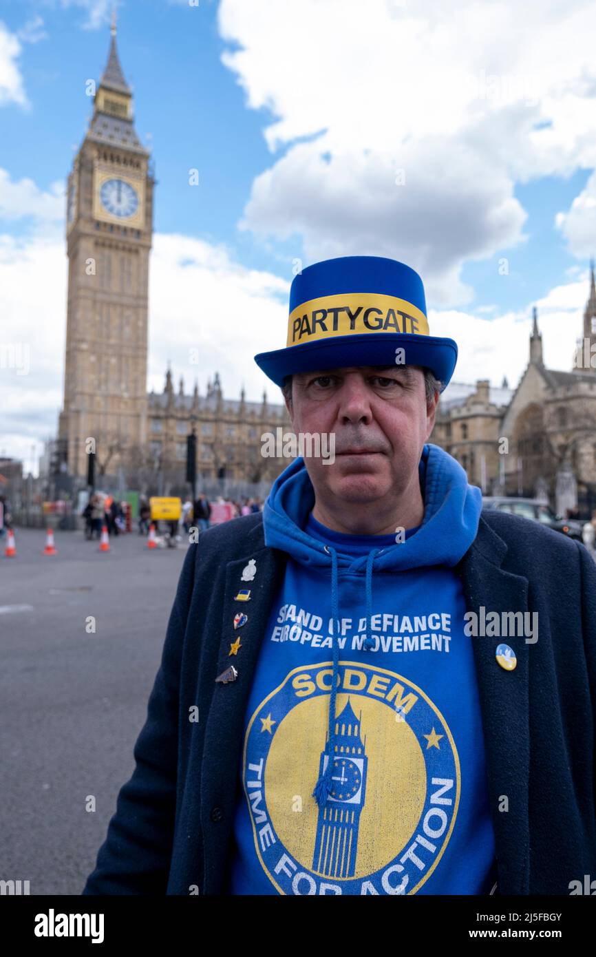 Protester Steve Bray wearing a Partygate hat and calling for Prime Minister Boris Johnson to resign following the Partygate affair and his recent fine by the Metropolitan police for breaching lockdown rules on 13th April 2022 in London, United Kingdom. Stock Photo