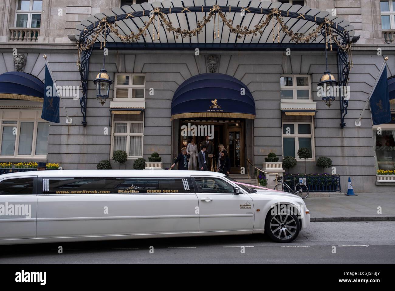 White stretch limousine outside the Ritz Hotel on 13th April 2022 in ...