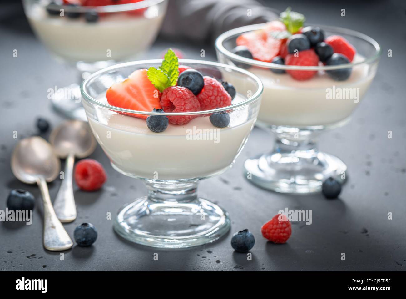 Cold and delicious Panna Cotta made of gelatin and cream. Panna Cotta made of milk, gelatin and