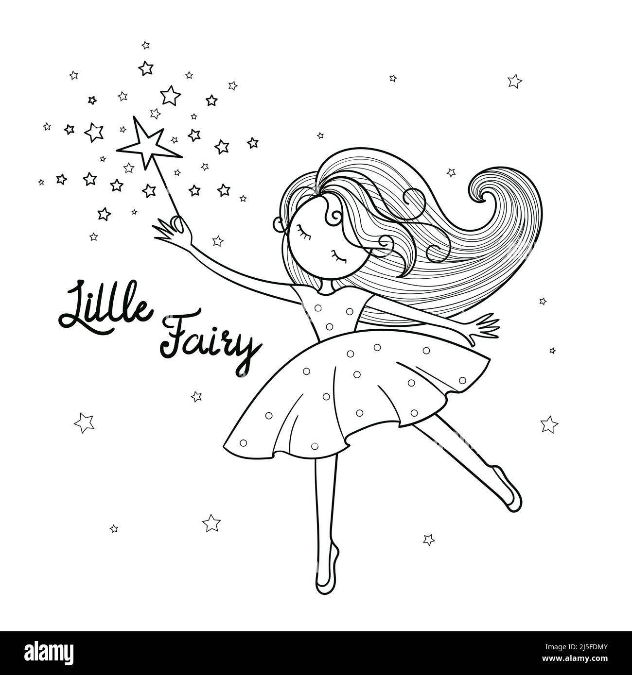 Little fairy. Black and white linear drawing. Vector Stock Vector