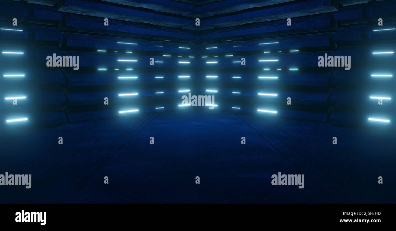 Abstract blue room interior with neon lights 3D Illustration Stock ...