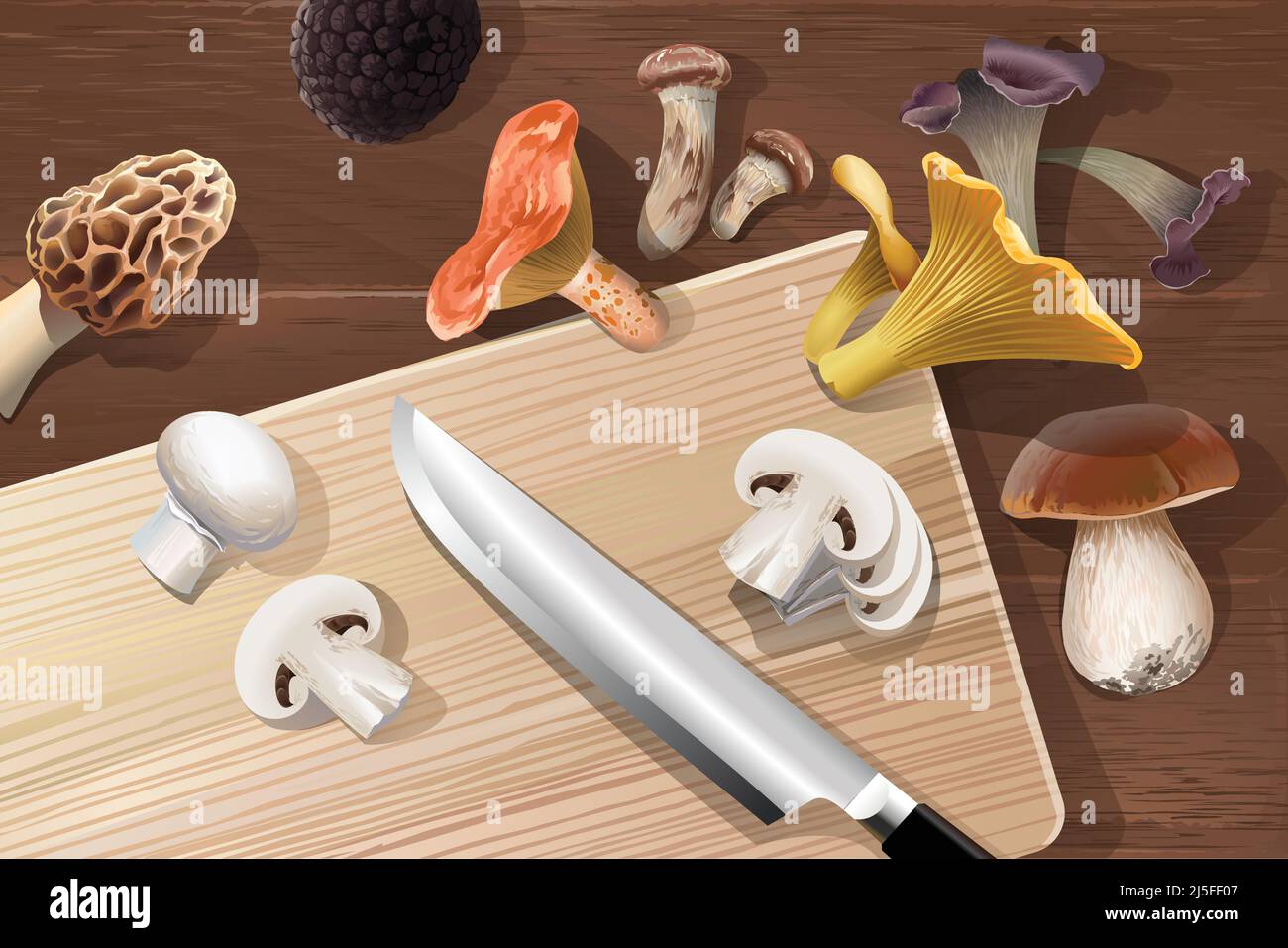 Vector background with various kind of edible mushrooms on a wooden table, top view. Realistic style Stock Vector