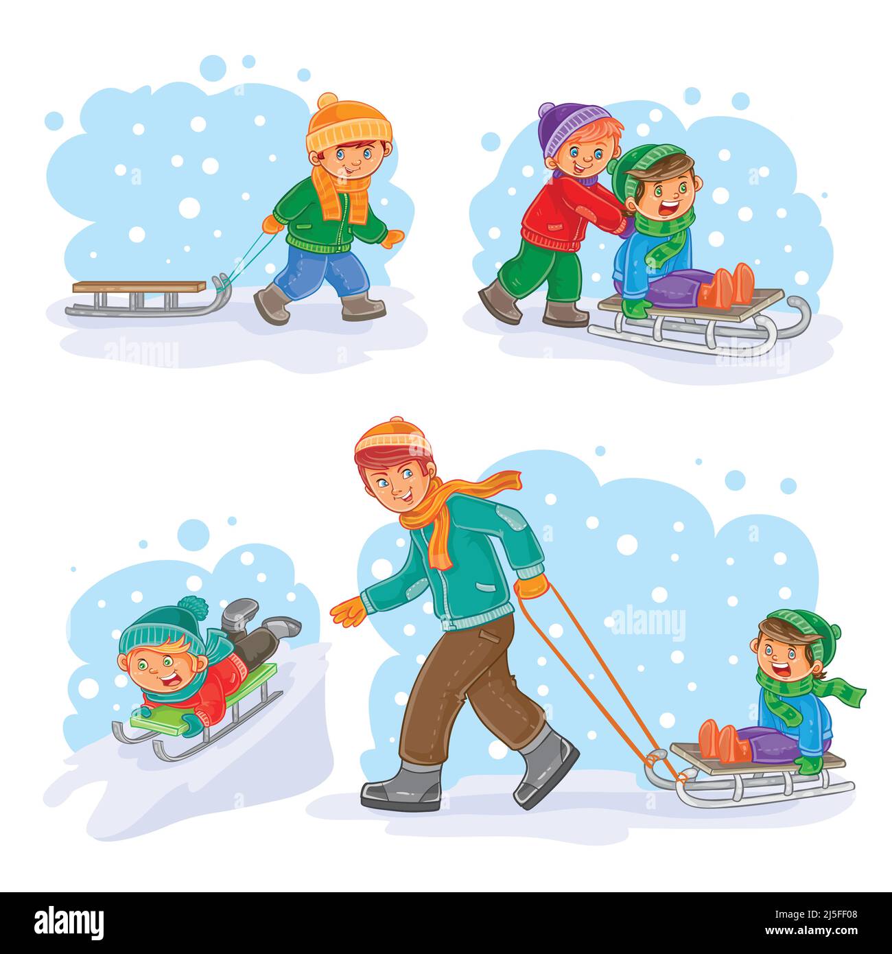 A set of vector icons of small children sledding Stock Vector