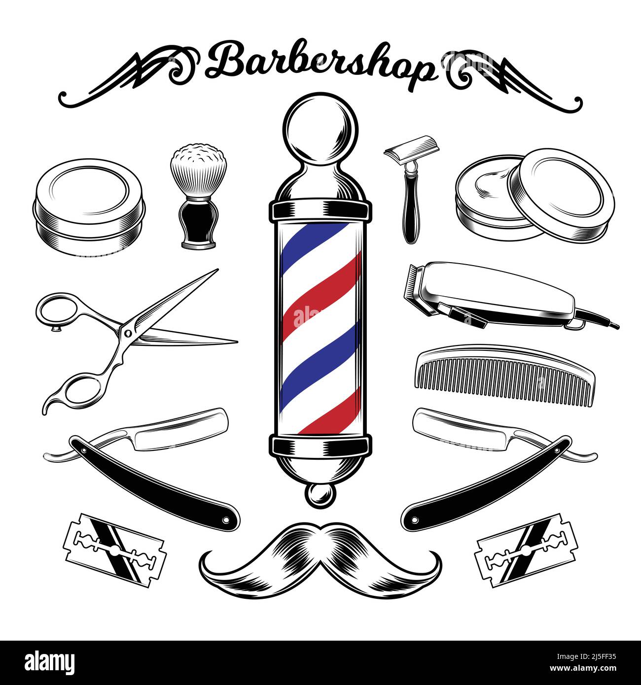 Vector monochrome collection barbershop tools. Engraving style Stock ...