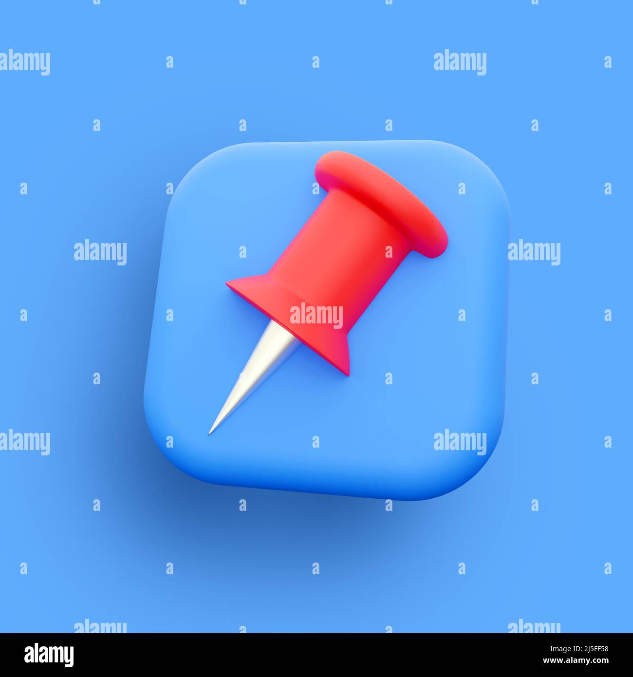 3D render button icon red push pin isolated on blue background. Thumbtack. 3D render button icon