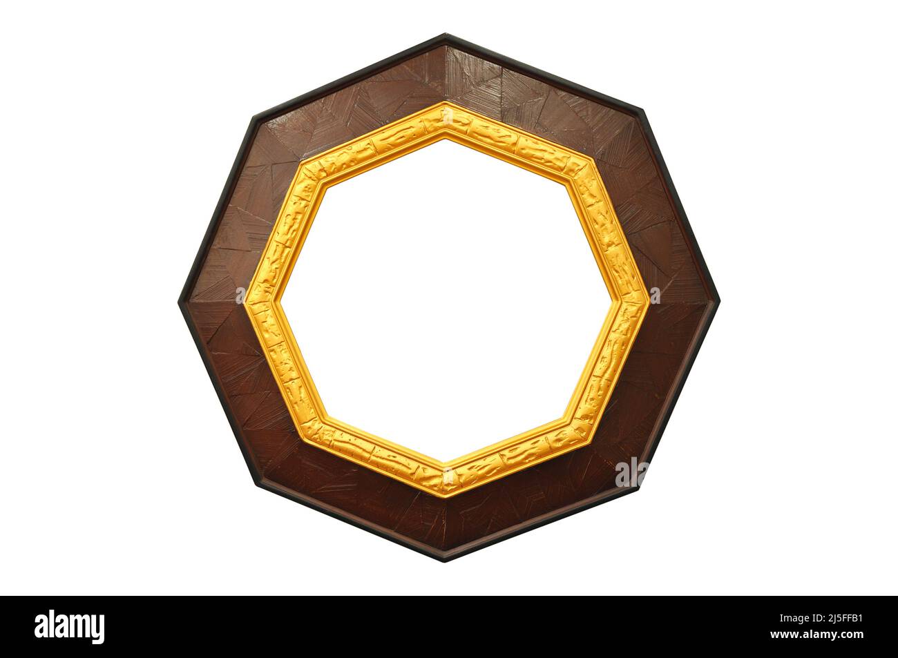 Octagon empty wooden and gold gilded frame isolated on white background ...
