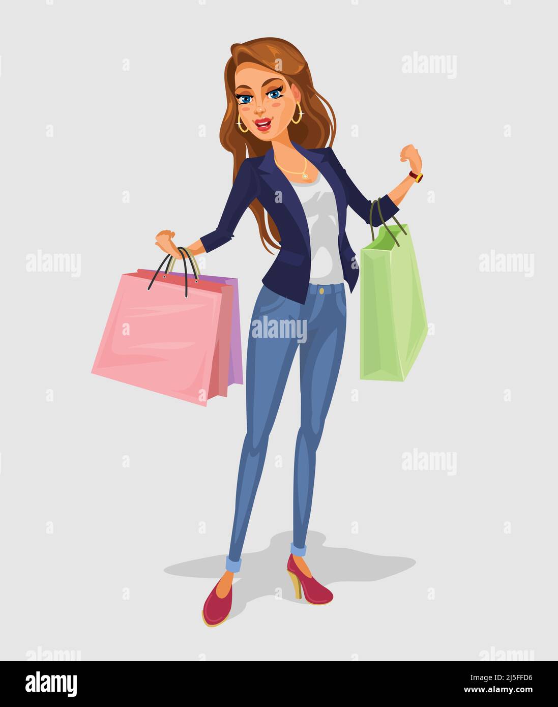 Vector smiling girl holding in hands bags with purchases Stock Vector