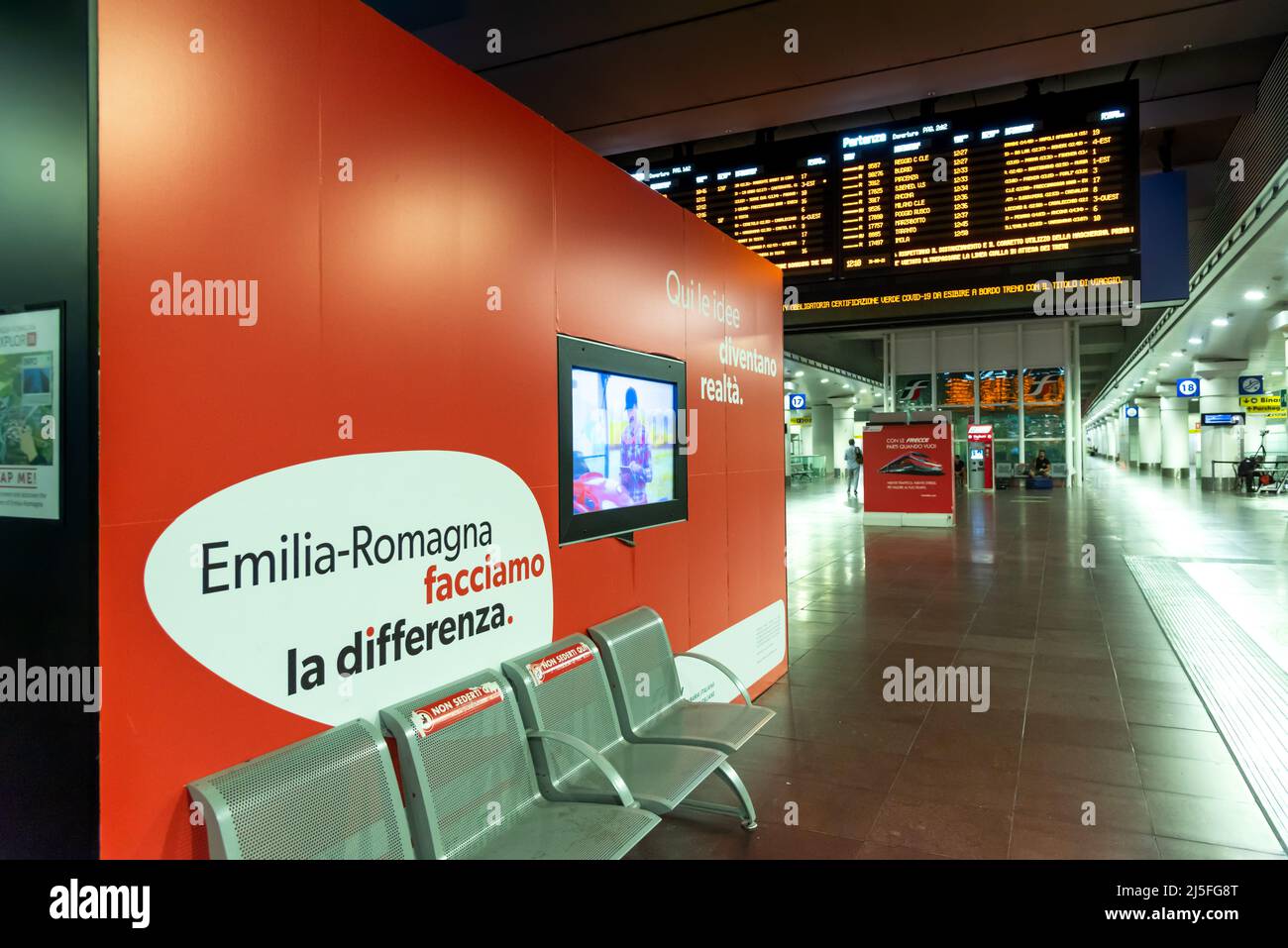 Bologna, Italy - September 2021: Bologna Centrale main train station terminal and timetable. Stock Photo