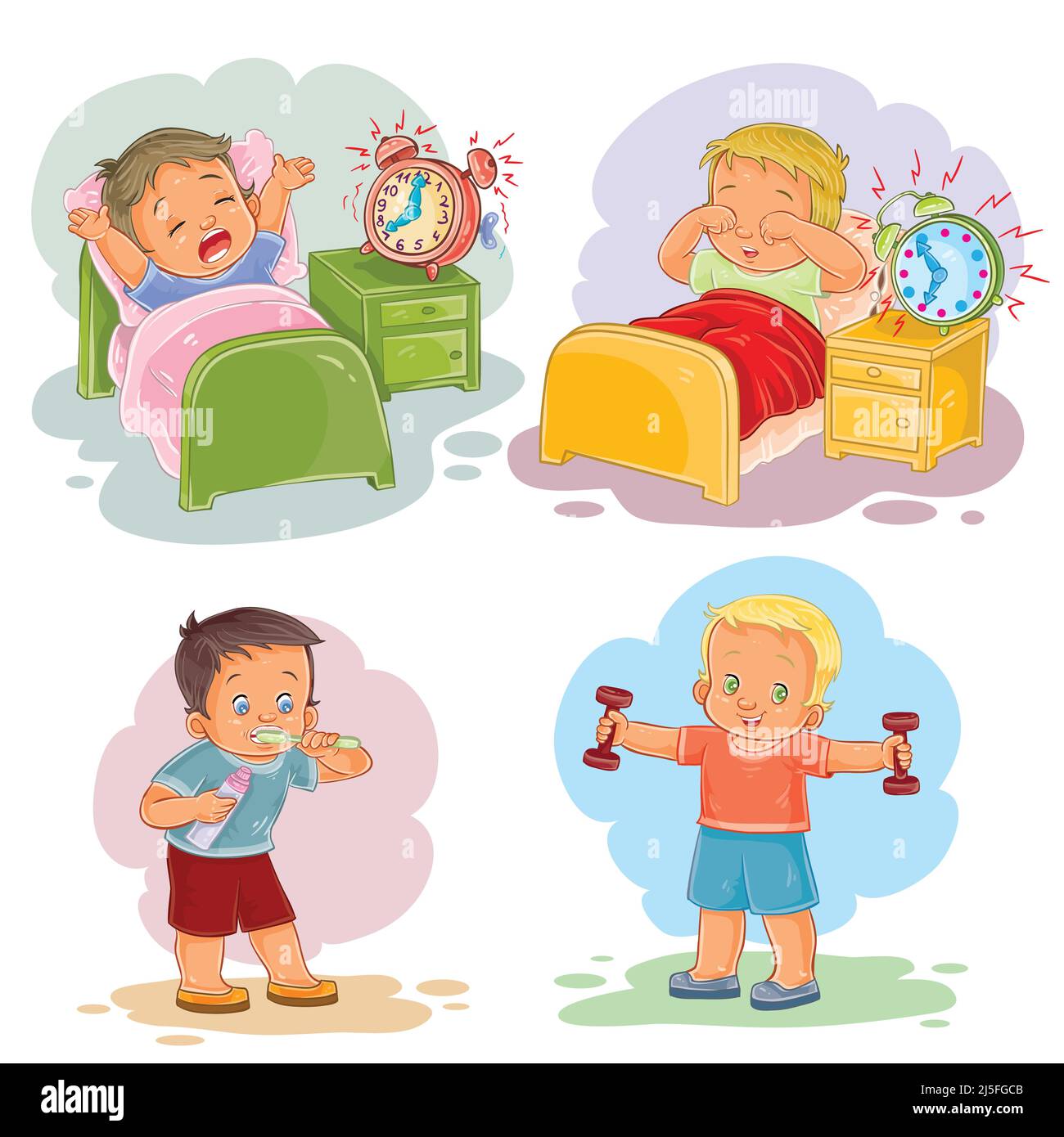 Set of vector clip art illustrations of little children wake up in the morning, brush their teeth, doing workout Stock Vector