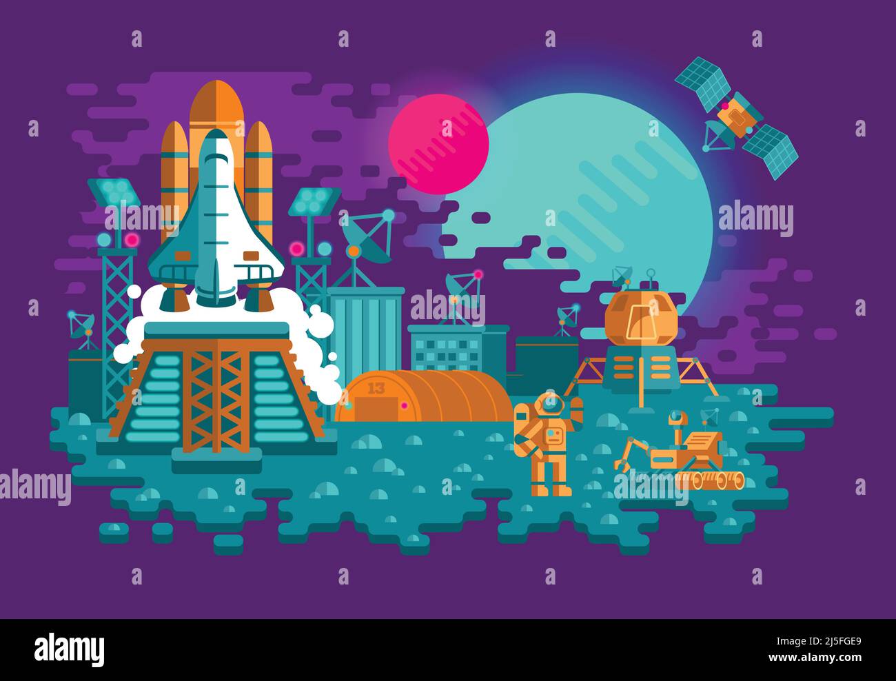 Vector illustration of a flat style rocket on an unknown planet Stock Vector