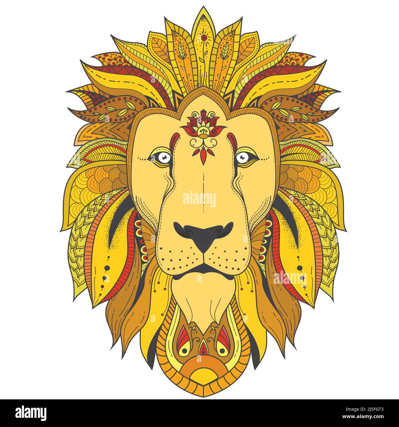 Vector color zenart illustration of lion with tribal mandala patterns. Use for print, t-shirts. Stock Vector