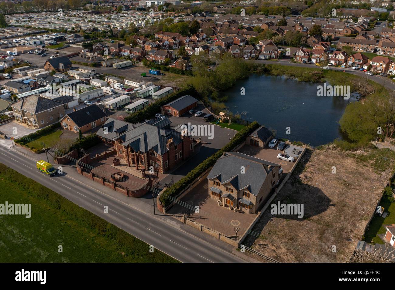 Aerial Drone Image of Tyson Furys NEW Family home, valued at around £1.8m in the Seaside Town of Heysham In Morecambe North West England Stock Photo