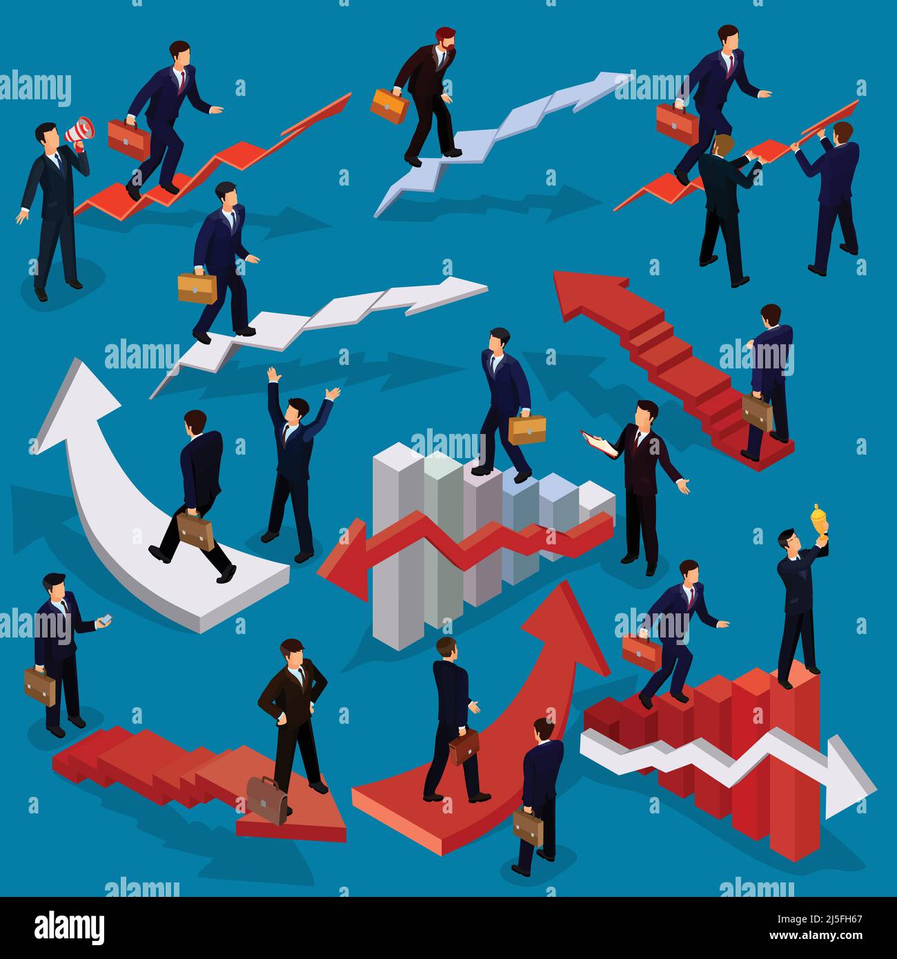 Vector illustration of 3D flat isometric people. Businessman goes up ...