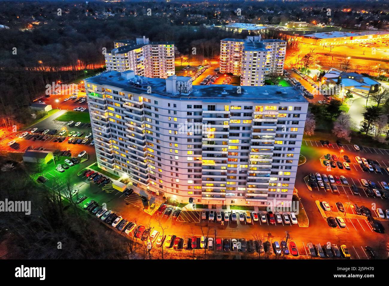 Aerial View of an Apartment Complex at Night Stock Photo