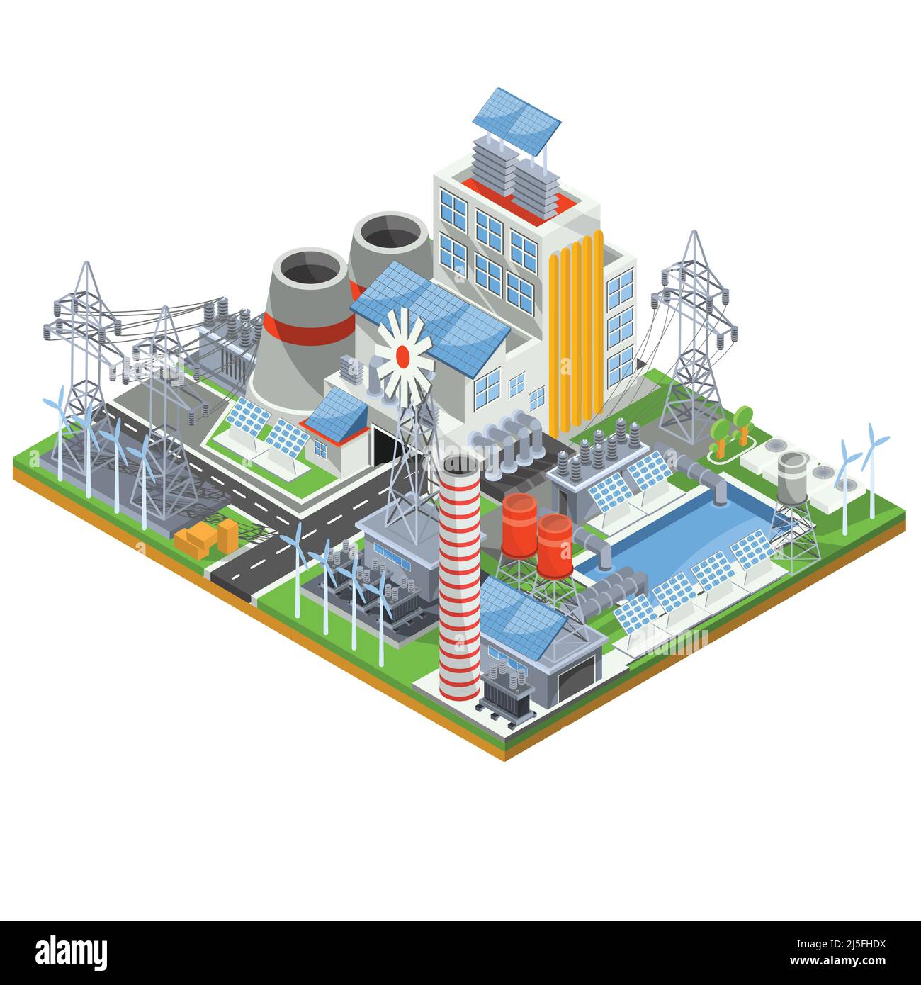 Isometric vector illustration of a thermal thermal power plant running