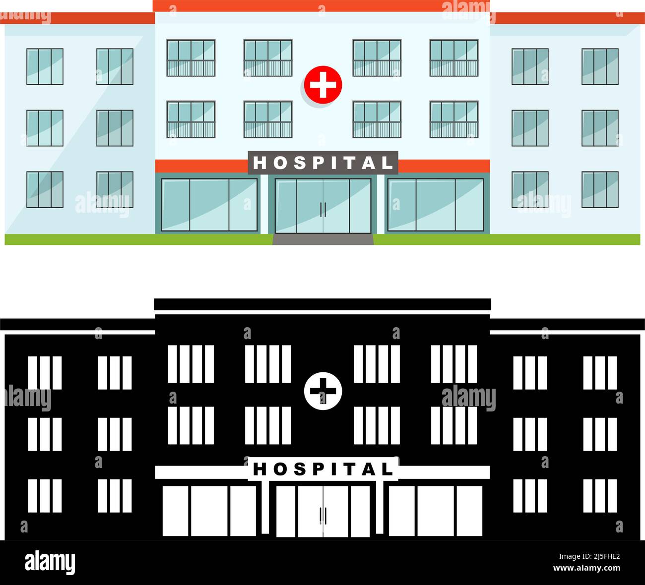 Different kind hospital building isolated on white background in flat style. Colored and black silhouette. Vector illustration. Stock Vector