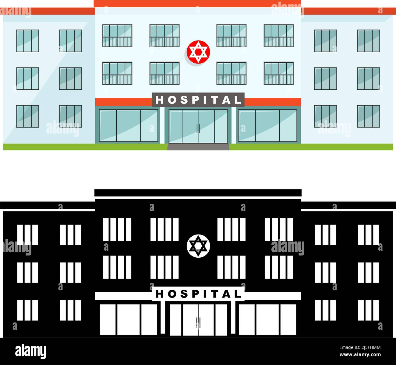 Medical concept. Different kind jewish hospital building isolated on white background in flat style. Colored and black silhouette. Vector illustration Stock Vector