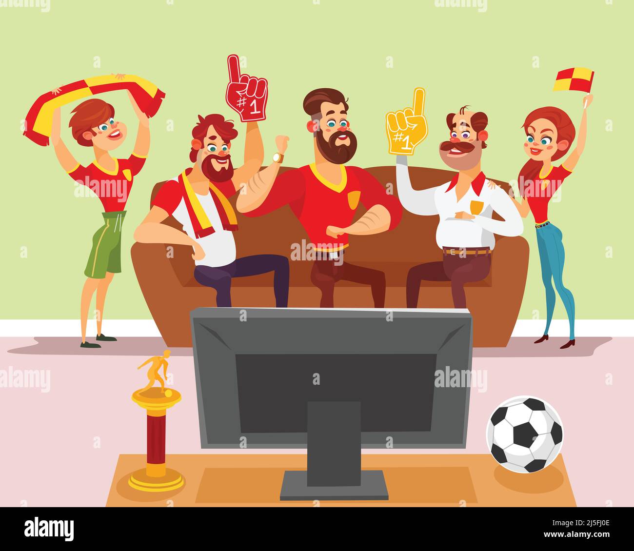 Vector cartoon illustration of a group of friends of football fans watching a football match on TV Stock Vector