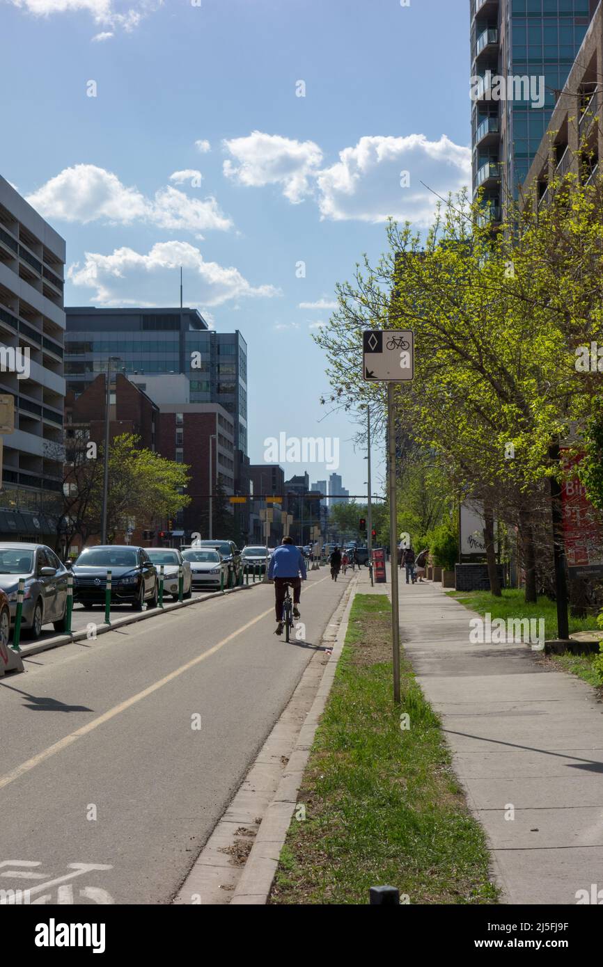 Bike lanes on 12th Avenue in Calgary's Beltline neighbourhood Stock