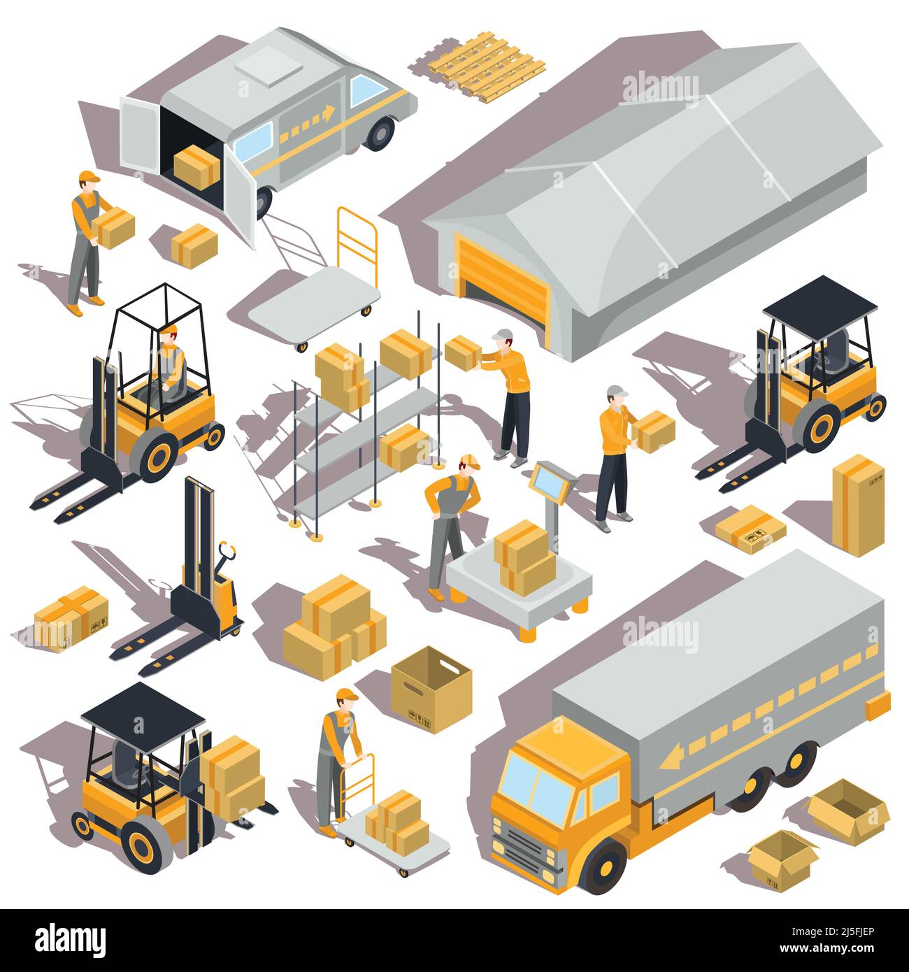 Set of vector logistic and delivery isometric icons with warehouse building, shelves, boxes, forklifts, trucks and workers are there Stock Vector